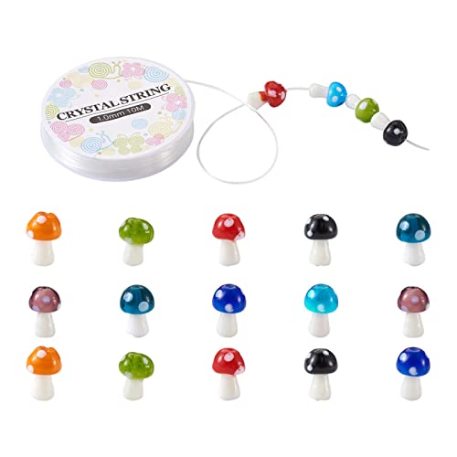 Craftdady 80 Stück Pilz-Lampwork-Glasperlen, bunt, europäische lose Abstandshalter-Perlen, wilde Pilze, Miniatur-Charms, Perlen mit 1 Rolle elastischem Kristallfaden für Schmuckherstellung von Craftdady