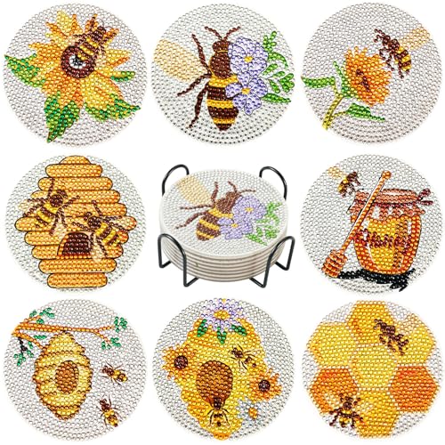 Craftdady 8Pcs Bee Diamond Coaster Honey Comb Diamond Painting with Holder Adult DIY Kit Round Coaster for Crafting Dining Table Bar Coffee Bar Decoration von Craftdady