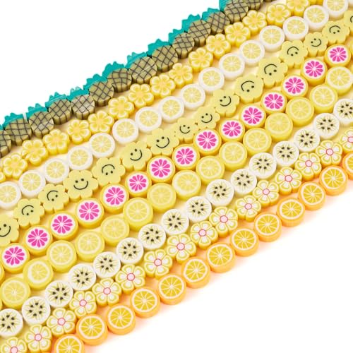 Craftdady 9 Stränge, Obstblumen, Polymer-Ton, Perlen, Stränge, gelbe Bananen-, Zitronenscheiben-Ton-Perlen, flache florale Tonperlen mit Lächeln für Schmuckherstellung, DIY Handwerk von Craftdady