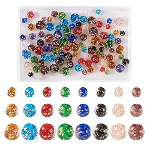 Craftdady 96 Stück leuchtende Lampwork-Perlen mit Goldsand, 24 Stile, runde Glasperlen, handgefertigt, leuchtet im Dunkeln, Murano, lose Abstandshalter für Schmuckherstellung von Craftdady