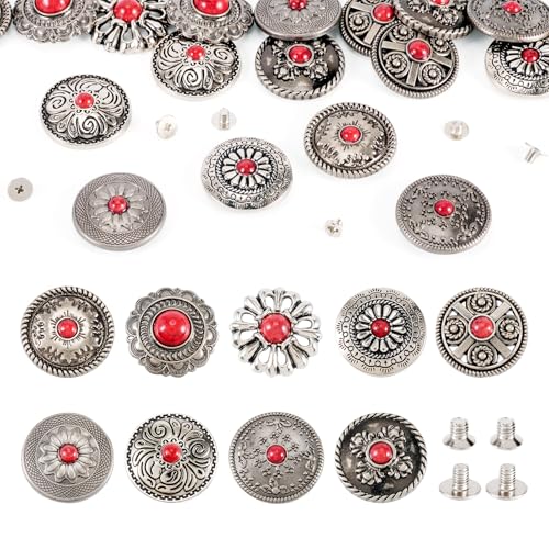 Craftdady Dekorative Nieten aus Legierung, flache runde Schnalle aus Legierung mit Blumenkreuzmuster, 24,5–25,5 mm, für Gürtel, Geldbörse, Taschen, Lederhandwerk, Dekoration, Schamottstein, 18 Sets von Craftdady
