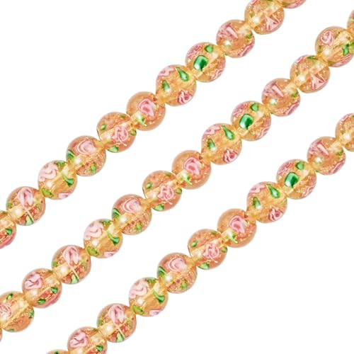 Craftdady Glasperlen mit Blumenmuster, 10 mm, runde Kugeln, lose Perlen für Bastelarbeiten, Armbänder, Halsketten, Schmuckherstellung, Gold, 40 Stück von Craftdady