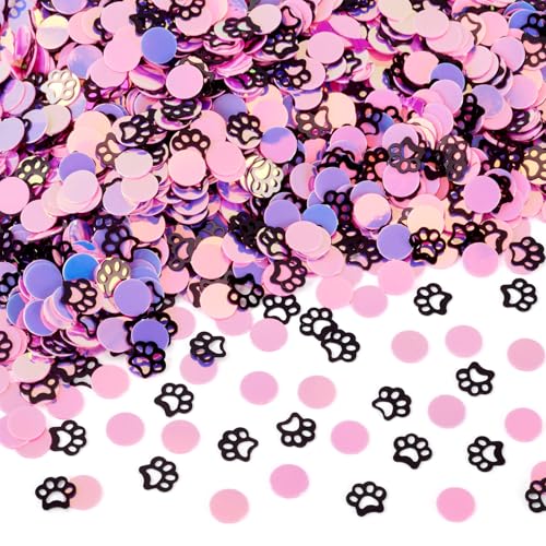 Craftdady Glitzer-Pailletten mit Pfotenabdruck, 6 x 7 mm, rosa, flach, rund, Bastelbedarf, schwarzer Hunde-Fußabdruck, Pailletten, Kunststoff, Haustier, Tier, Katze, Glitzer-Pailletten zum Basteln von Craftdady