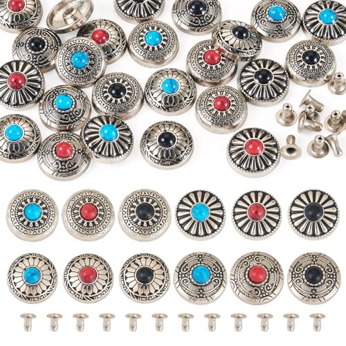 Craftdady Knöpfe aus Zinklegierung mit synthetischem Türkis, flach, rund, Legierung, dekorative Nieten, 1-Loch, Metallschnalle, 12 x 5 mm, für Geldbörsen, Taschen, Lederarbeiten, Dekoration, 24 Stück von Craftdady