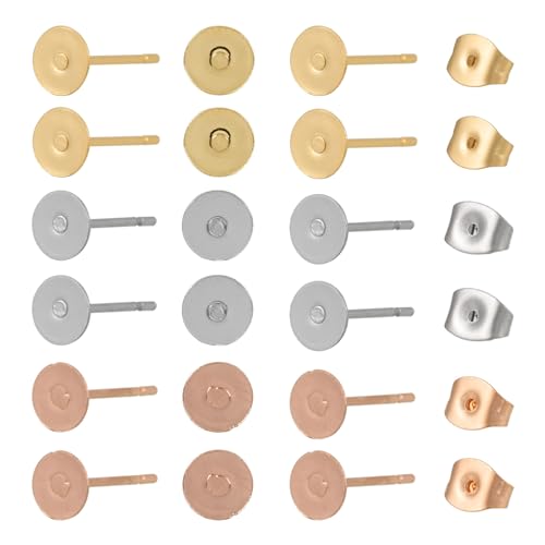 Craftdady Ohrringpfosten und Verschlüsse aus Edelstahl, 5 mm, flach, goldfarben, silberfarben, für Ohrringe, Rohlinge, Ohrstecker mit Schmetterlingsverschlüssen für Damen, Basteln, Schmuckherstellung von Craftdady