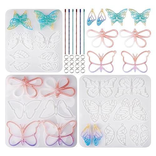 Craftdady Silikonformen mit Schmetterlingsflügeln und Schlüsselanhängern, 12 Stile, Insektenharz-Gussformen mit Eisenkugelketten für Epoxidharz, Basteln, Ohrringe, Frühlingsschmuckherstellung von Craftdady