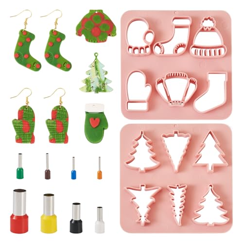 Craftdady Weihnachtliche Modelliermasse-Ausstechformen, 12 Stile, Kunststoff, Ton, Ohrringschneider, Weihnachtsbaum, Handschuhe, Strümpfe, Tonformen mit Lochstanzern für Handwerk, DIY, von Craftdady