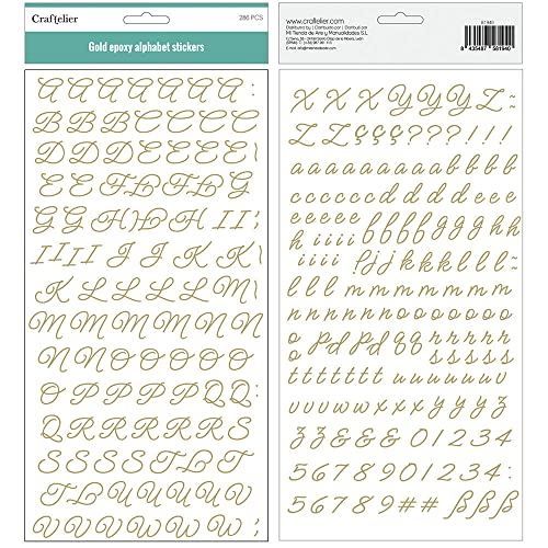 Craftelier - Alphabetische Spanplattenaufkleber, Groß- und Kleinbuchstaben, Zahlen und Sonderzeichen - Gold | Enthält 166 Stück - Größe ca. 2,9 cm von Craftelier