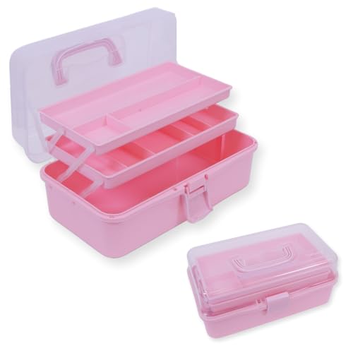 Craftelier - Aufbewahrungskoffer mit 3 Fächern, Verschluss und Griff für Scrapbooking und andere BastelMaterialien und Werkzeuge | Größe ca. 32 x 13,5 x 18,5 cm (10.5" x 9" x 7.5") - Farbe Pink von Craftelier