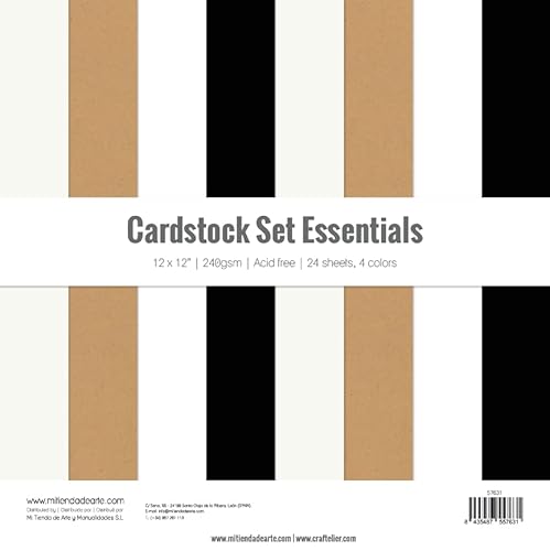 Craftelier - Cardstock Packung mit 24 Kartons für Scrapbooking- und Bastelprojekte, essentielle Farben, Maße 30 x 30 cm, Grammatur 240 g, säurefreies Papier von Craftelier