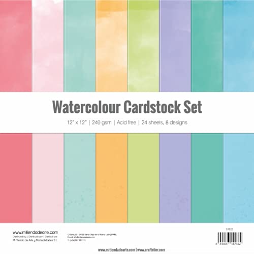 Craftelier - Karton-Set Aquarell | Packung mit 24 doppelseitigen Karton für Kartenherstellung, Scrapbooking und Bastelprojekte | Gewicht 240 Gramm | Größe 30,48 cm x 30,48 cm (12" x 12") von Craftelier