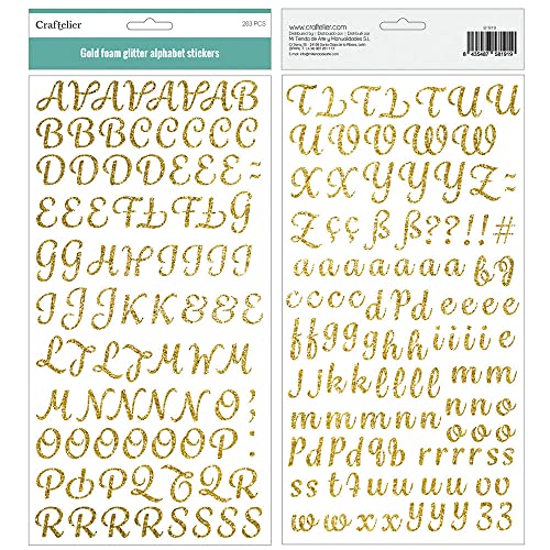 Craftelier - Chipboard-Aufkleber im Alphabet-Stil, Groß- und Kleinbuchstaben, Zahlen und Sonderzeichen - Glitter Gold | Inklusive 166 Stück - Größe ca. 2,9 cm von Craftelier