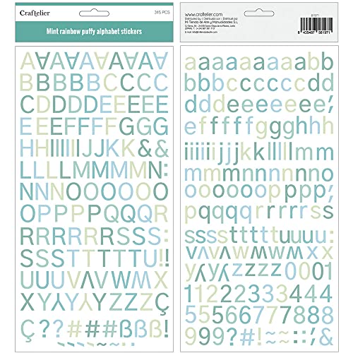 Craftelier - Runde Alphabetsticker in Groß- und Kleinbuchstaben, Zahlen und Sonderzeichen - Farbe Mint Rainbow | Beinhaltet 190 Stück - Kreisgröße ca. 1,1 cm. von Craftelier