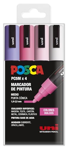 UNI Posca Etui mit 4 Markern, PC5 m, Pastellfarben, kegelförmig, mittel von Craftelier