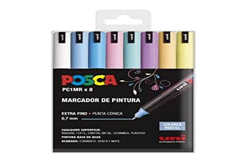 UNI Posca Etui mit 8 Filzstiften PC1MR Pastellfarben, Konische Spitze, extra dünn von Craftelier