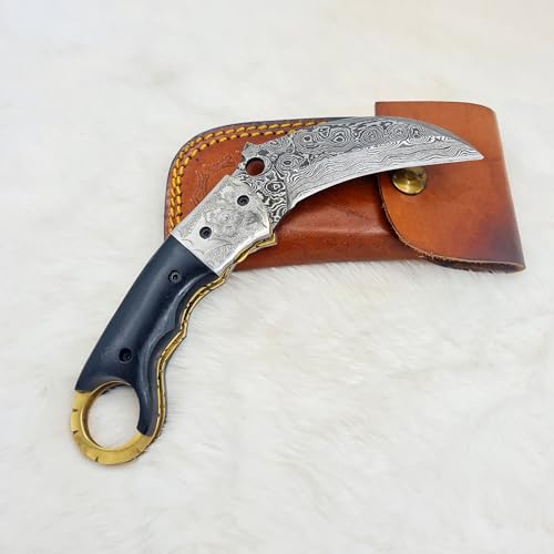 Craftomatik Damast Stahl Taschenmesser | Klappmesser | Gebogene Klinge in Krähenform | Büffelhorn, Messing, Mosaik Stift Griff | Handgefertigt Outdoor Damastmesser Camping Messer | FK54 von Craftomatik