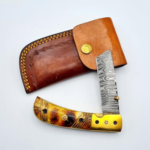 Craftomatik Damast Stahl Taschenmesser | Klappmesser | Kamelknochen, Messing, Mosaik Stift Griff | Handgefertigt Outdoor Damastmesser Camping Messer | FK35 von Craftomatik