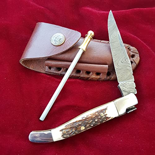 Craftomatik Damast Stahl Taschenmesser | Klappmesser Laguiole | Hirschhorn, Edelstahl, Messing Stiften Griff | Handgefertigt Outdoor Damastmesser Camping Messer | FK03 Craftomatik Damast Stahl Taschenmesser | Klappmesser Laguiole | Hirschhorn, Edelstahl, Messing Stiften Griff | Handgefertigt Outdoor Damastmesser Camping Messer | FK03 von Craftomatik