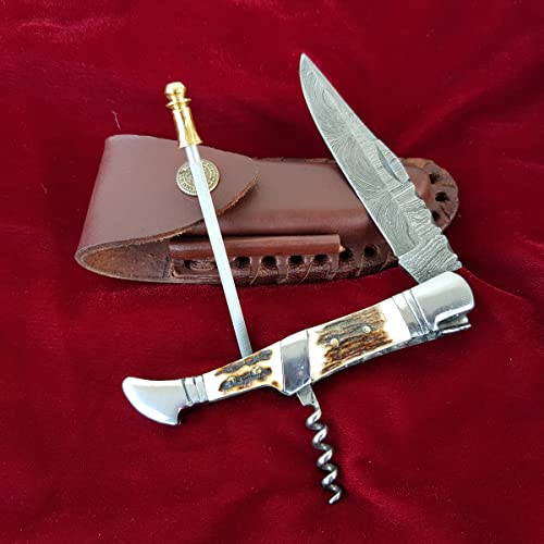 Craftomatik Damast Stahl Taschenmesser | Klappmesser Laguiole | Hirschhorn, Edelstahl Griff mit Korkenzieher | Handgefertigt Outdoor Damastmesser Camping Messer | FK22 von Craftomatik