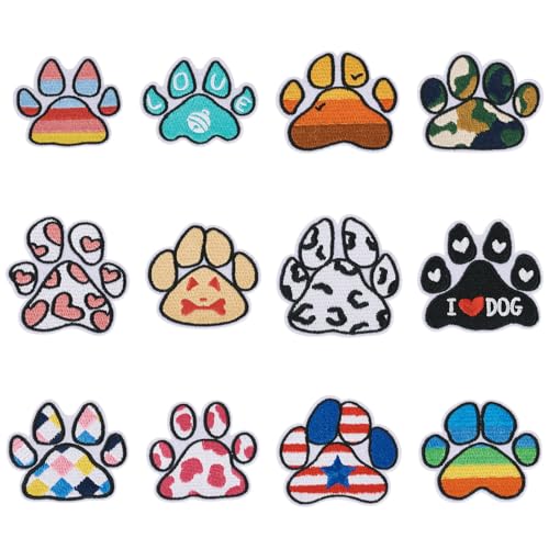 Craftora 12 Stück Pfotenabdruck-Stickerei-Aufnäher, bunt, Hund, Katze, Pfote, zum Aufbügeln, niedlicher Fußabdruck, Applikation, zum Aufnähen, Basteln, für Kleidung, Hüte, Rucksäcke von Craftora