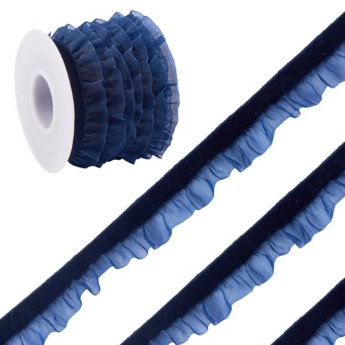 Craftora 4,5 m Samt-Bänder, Organzabänder, 1,6 cm, marineblau, Samt-Rüschen, Spitzenbesatz, elastische Wildleder-Schnürsenkel, Plissee-Rand zum Nähen, Geschenkverpacken, Weihnachtsdekoration, Handwerk von Craftora