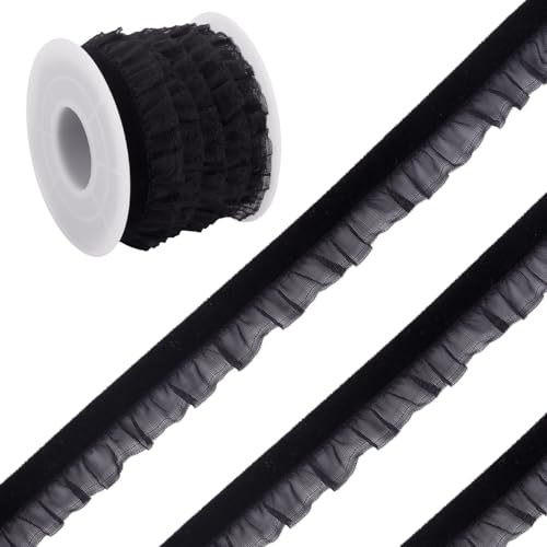 Craftora 4,5 m Samt-Organzabänder, 1,6 cm, schwarzer Samt, Rüschen, Spitzenbesatz, elastische Wildleder-Schnürsenkel, plissierter Rand zum Nähen, Geschenkverpacken, Weihnachtsdekoration, Handwerk von Craftora