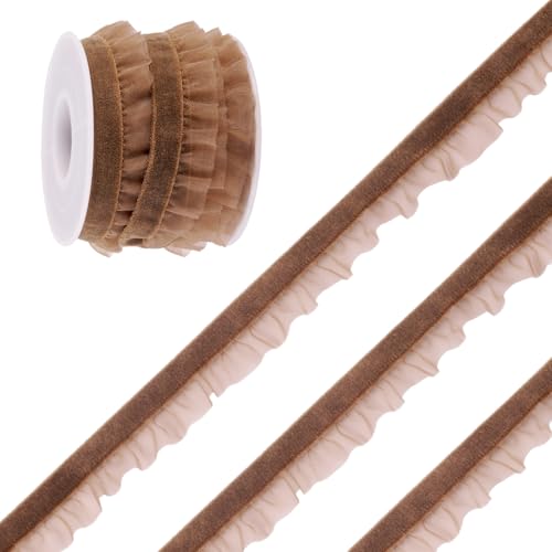 Craftora Samt-Organzabänder, 4,5 m, dunkles Khaki, Samt, Rüschen, Spitzenbesatz, elastische Wildleder-Schnürsenkel, Plissee-Rand zum Nähen, Geschenkverpacken, Weihnachtsdekoration, Handwerk von Craftora