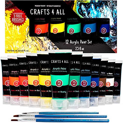 Crafts 4 ALL Große Acrylfarben Set 12x75ml mit 3 Bonus-Pinsel, Wasserfest und Lichtecht Acrylic Paint – Professionelle Farben Tuben für Papier, Leinwand, Ton, Stoff, Holz & Keramik Crafts 4 ALL Große Acrylfarben Set 12x75ml mit 3 Bonus-Pinsel, Wasserfest und Lichtecht Acrylic Paint – Professionelle Farben Tuben für Papier, Leinwand, Ton, Stoff, Holz & Keramik von Crafts 4 ALL