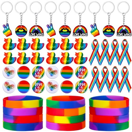 Craftsatin 120 Stück Gay Pride Day Geschenkset, Regenbogen-Armbänder, Schlüsselanhänger, Gummi-Enten, Stoff, Bewusstseinsbänder, Stolznadeln, LGBT-Party-Dekorationen, Zubehör für Paraden Craftsatin 120 Stück Gay Pride Day Geschenkset, Regenbogen-Armbänder, Schlüsselanhänger, Gummi-Enten, Stoff, Bewusstseinsbänder, Stolznadeln, LGBT-Party-Dekorationen, Zubehör für Paraden von Craftsatin