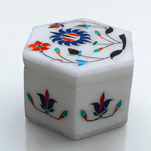 Agra Craft Sechseckige Schmuckschatulle aus weißem Marmor mit Blumeneinlage, handgefertigter Pietra Dura Steinkunst-Schmuckhalter, dekorativer Andenken-Organizer für Heimdekoration, Geschenke oder Agra Craft Sechseckige Schmuckschatulle aus weißem Marmor mit Blumeneinlage, handgefertigter Pietra Dura Steinkunst-Schmuckhalter, dekorativer Andenken-Organizer für Heimdekoration, Geschenke oder von Craftslook