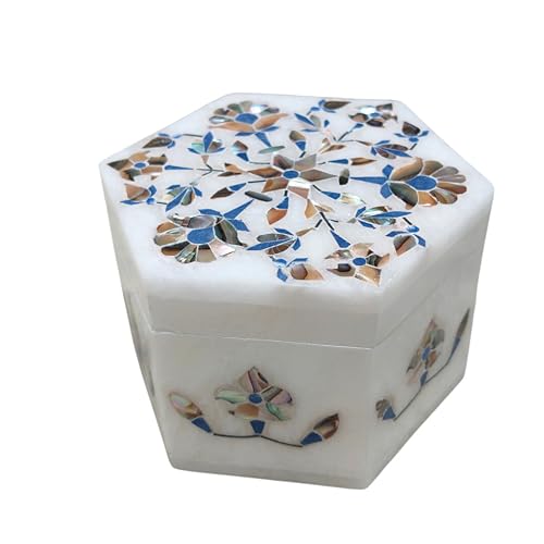 craftslook Handgefertigte sechseckige Schmuckschatulle aus weißem Marmor, Paua-Muschel und Edelstein-Inlay, Blumendesign, eleganter Organizer für Ringe und Schmuckstücke, einzigartiges Geschenk für craftslook Handgefertigte sechseckige Schmuckschatulle aus weißem Marmor, Paua-Muschel und Edelstein-Inlay, Blumendesign, eleganter Organizer für Ringe und Schmuckstücke, einzigartiges Geschenk für von Craftslook