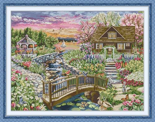Craftstitch Kreuzstich-Set mit 11-fädigem Prägung für Erwachsene, vorgedrucktes Muster, einfache Sticksets für Anfänger, DMC-Garne, Handarbeit, Frühlingsseehaus, 81 x 63 cm von Craftstitch