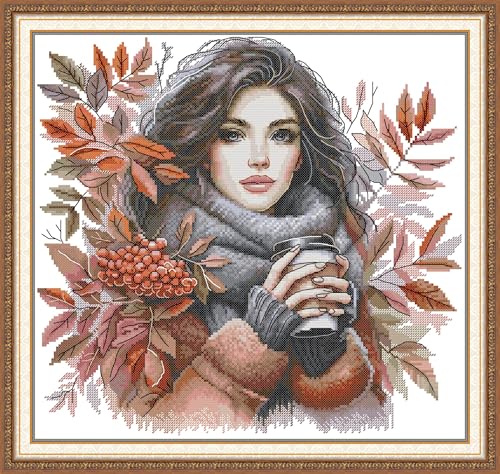 Craftstitch Kreuzstich-Set mit 11-fädigem Prägung für Erwachsene, vorgedrucktes Muster, einfache Sticksets für Anfänger, DMC-Garne, Handarbeit, Herbstkaffee, 52 x 49 cm von Craftstitch