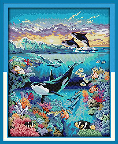 Craftstitch Kreuzstich-Set mit 11-fädigem Prägung für Erwachsene, vorgedrucktes Muster, einfache Sticksets für Anfänger, DMC-Garne, Nadelarbeiten, Unterwasserwelt, 51 x 62 cm von Craftstitch