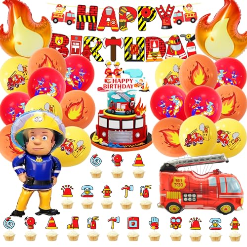 Craggyer 48 Stück Feuerwehrauto Geburtstag Deko, Kindergeburtstag Feuerwehrauto Deko, Feuerwehrauto Geburtstag Luftballon, Feuerwehr Deko Kuchen Banner für Feuerwehr Party Deko von Craggyer