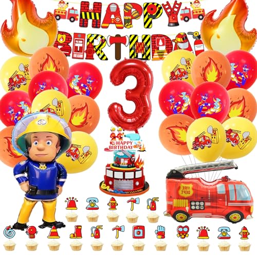 Feuerwehrauto Geburtstag Deko 3 Jahre, Feuerwehr Geburtstag Deko Set, Feuerwehr Geburtstag Deko Set, inkl. Geburtstag Luftballon Happy Birthday Banner Deko Torte Kuchen für Feuerwehr Party von Craggyer