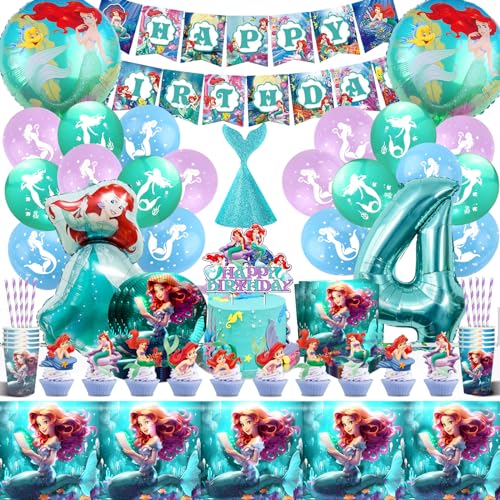 Meerjungfrau Geburtstag Deko 4 Jahre,Meerjungfrauen Geburtstagdeko Luftballons,Mermaid Partygeschirr Set,4 Geburtstag Mädchen,Kindergeburtstag Dekoration Partyzubehör von Craggyer
