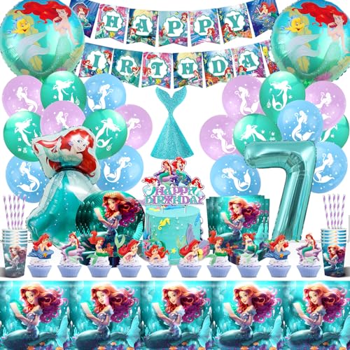 Meerjungfrau Geburtstag Deko 7 Jahre,Meerjungfrauen Kindergeburtstag Luftballon,Mermaid Partygeschirr Set,Geburtstag Ballons Mädchen,Thema Partyzubehör mit Pappteller Servietten Tischdecke von Craggyer