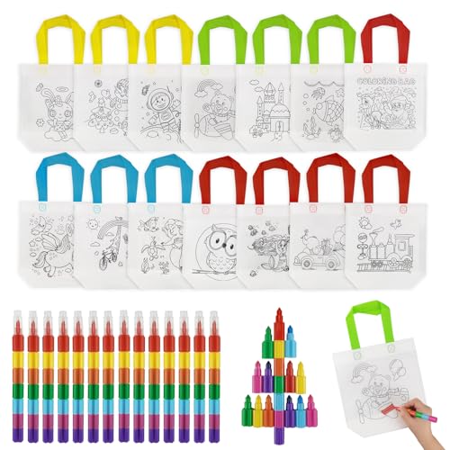 Cragmut 28 Stück Stoffbeutel Zum Bemalen Anzug, 14 Stück Taschen Zum Bemalen für Kinder und 14 Stück Stapelbare Wachsmalstifte(7 Farben in 1), für DIY, Kindergeburtstag, Gastgeschenke von Cragmut