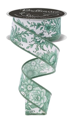Chinoiserie Florals Drahtband für Schleifen, Kränze, Geschenkverpackungen, Basteln und Dekorationen (Elfenbein, Salbeigrün, 3,8 cm breit x 9,1 m) von Craig Bachman