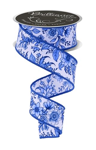 Chinoiserie Florals Drahtband für Schleifen, Kränze, Geschenkverpackungen, Basteln und Dekorationen (Weiß, Blau, 3,8 cm breit x 9,1 m) von Craig Bachman