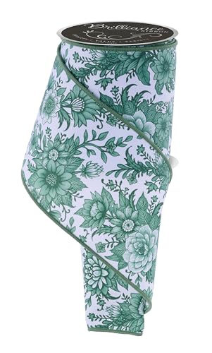 Chinoiserie Florals Drahtband für Schleifen, Kränze, Geschenkverpackungen, Basteln und Dekorationen (Weiß, Salbeigrün, 10,2 cm breit x 9,1 m) von Craig Bachman