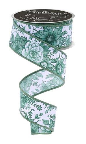 Chinoiserie Florals Drahtband für Schleifen, Kränze, Geschenkverpackungen, Basteln und Dekorationen (Weiß, Salbeigrün, 3,8 cm breit x 9,1 m) von Craig Bachman