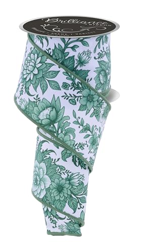 Chinoiserie Florals Drahtband für Schleifen, Kränze, Geschenkverpackungen, Basteln und Dekorationen (Weiß, Salbeigrün, 6,3 cm breit x 9,1 m) von Craig Bachman