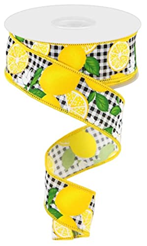 Craig Bachman 3,8 cm Lemon with Leaves Check Ribbon Black & White (9,1 Meter) Wired Lemon Ribbon von Craig Bachman