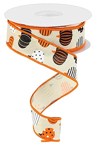 Gemustertes Kürbis-Leinwandband, mit Drahtrand, 9,1 m (cremefarben, weiß, orange, schwarz, 3,8 cm) von Craig Bachman