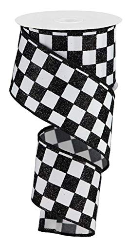 Glitzer-kariertes Schleifenband mit Drahtrand, 9,1 m (weiß, schwarz, 6,3 cm) von Craig Bachman