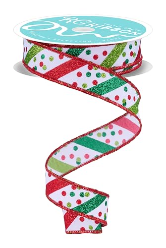 Glitzerstreifen und Konfetti-Punkte, Drahtband für Schleifen, Kränze, Handwerk und Dekorationen (weiß, rot, limettengrün, smaragdgrün, 2,2 cm breit x 9,1 m) von Craig Bachman