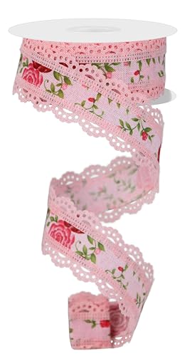 Mini-Rosen, Drahtband mit Spitze, gewellte Kanten, für Blumenschleifen, Kränze, Blumenarrangements, Handwerk und Dekorationen (Hellrosa, Rot, Grün, 3,8 cm breit x 9,1 m) von Craig Bachman