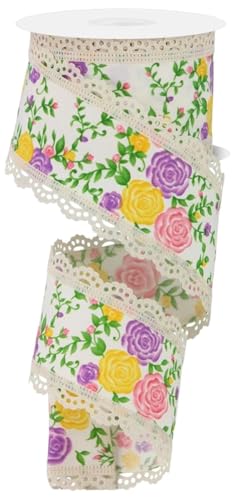 Mini-Rosen, Drahtband mit gewellten Spitzenkanten für Schleifen, Kränze, Blumenarrangements, Handwerk und Dekorationen (Elfenbein, Rosa, Lila, Gelb, Grün, 6,3 cm breit x 9,1 m) von Craig Bachman